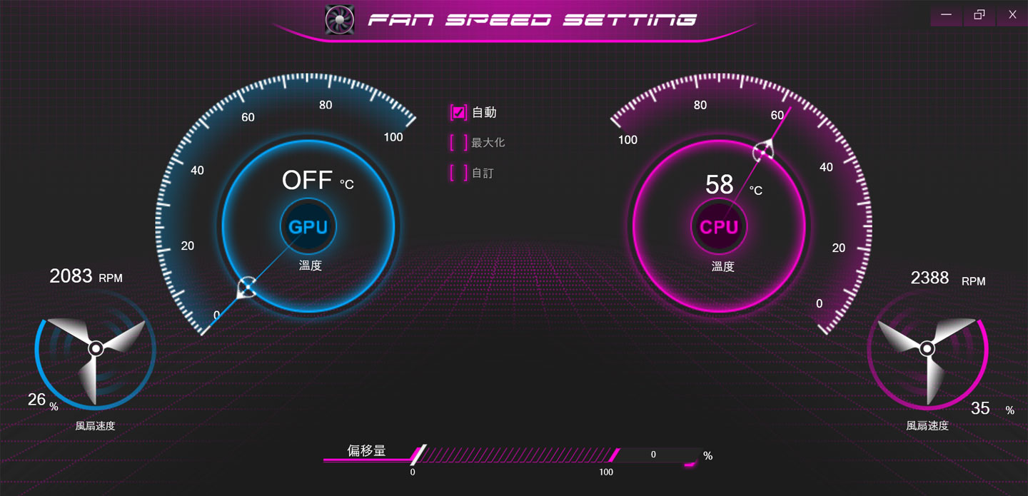 FAN Speed Control 可以監控處理器與顯示卡雙風扇的運行狀態,也能一鍵切換至最大運轉,或是自訂運轉模式。