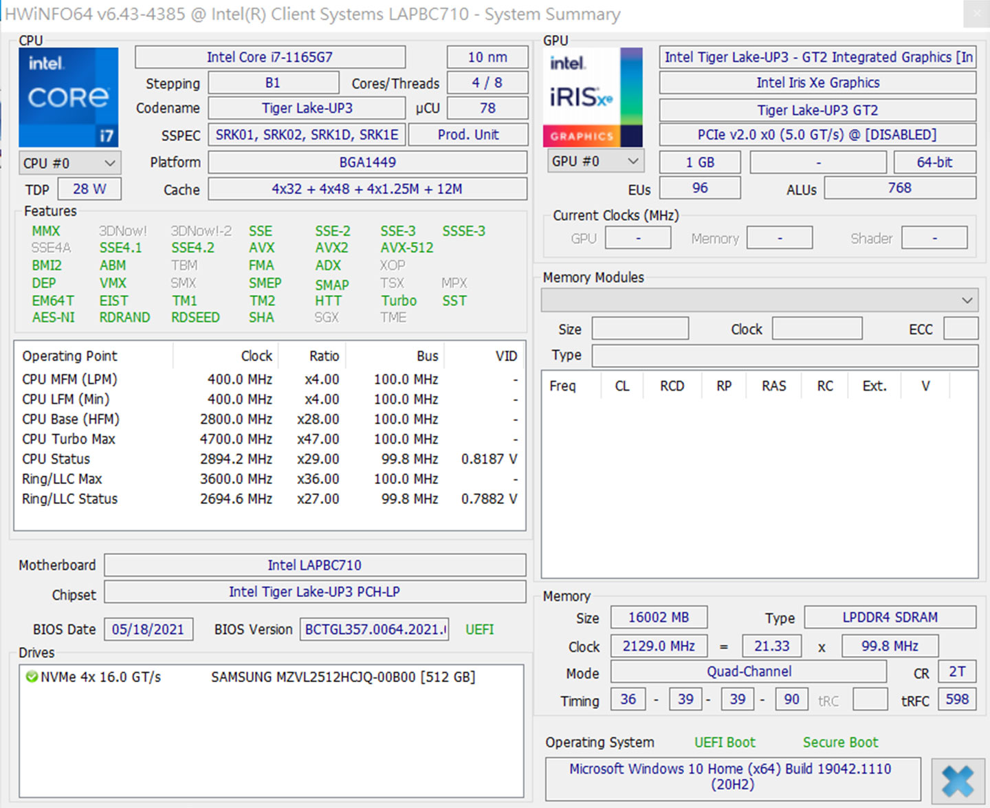 透過 HWiNFO64 來查看此次受測的捷元 Genuine 15T EVO 處理器與整合型晶片資訊。