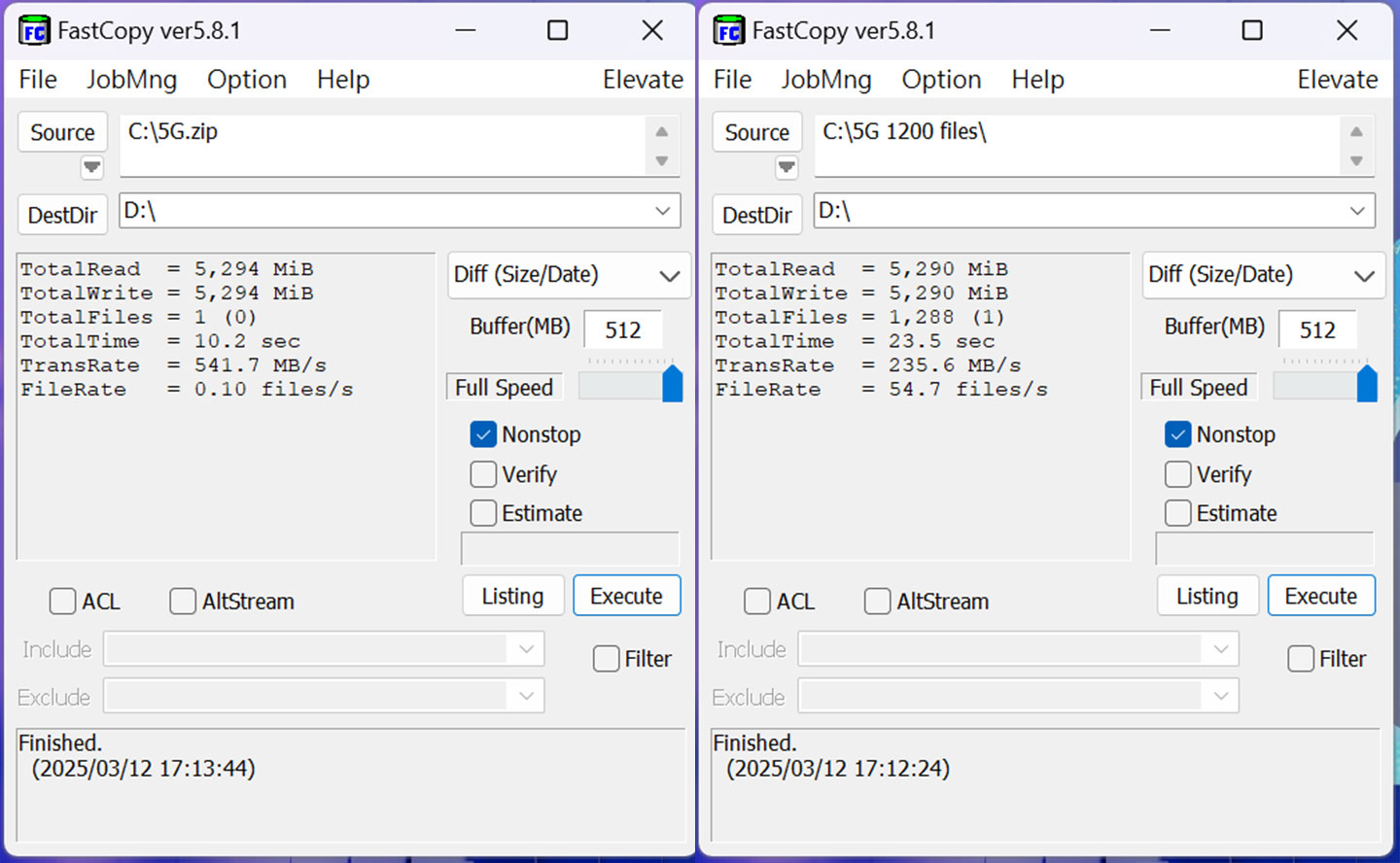 透過 FastCopy 實測 G-RAID PROJECT 2 檔案傳輸的效能，圖左為單檔 5GB 的傳輸實測，平均速度為 541.7 MB/s，圖右為多檔（1200 個） 5GB 的傳輸實測，平均速度為 235.6 MB/s。